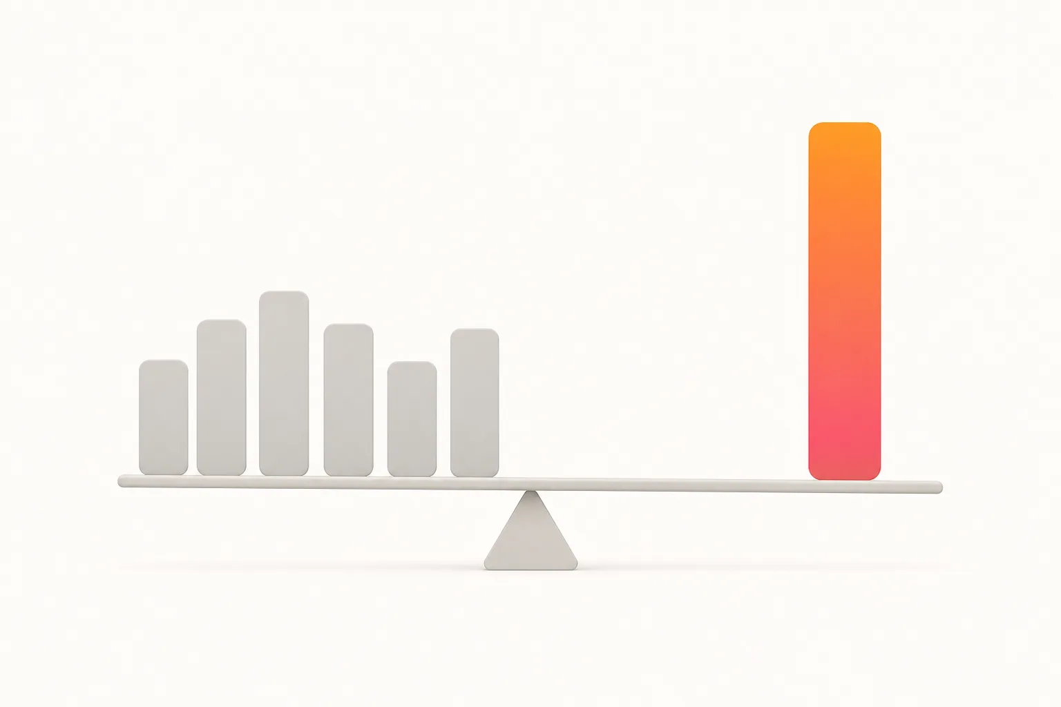 A balance beam with several small grey bars on one side and one tall orange to pink bar on the other