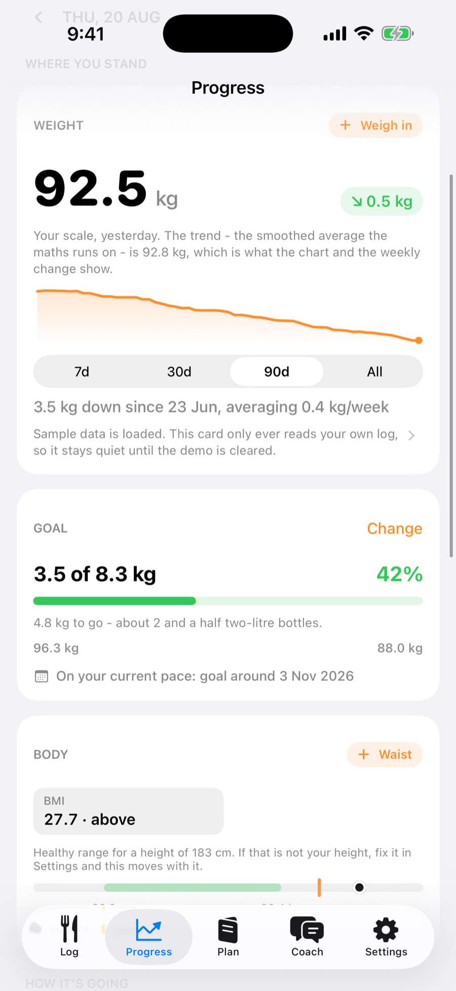 Cut's Progress screen showing a smoothed weight trend and goal progress