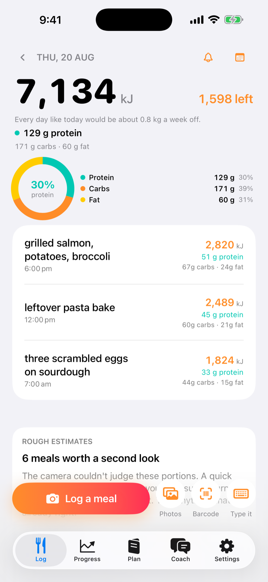 Cut's Today screen showing energy, protein and three logged meals